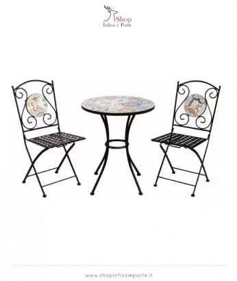 Tavolino circolare in acciaio decorato con stampa a maioliche siciliane e 2 sedie pieghevoli