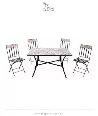 Tavolino rettangolare in acciaio decorato con stampa a maioliche siciliane e 4 sedie pieghevoli