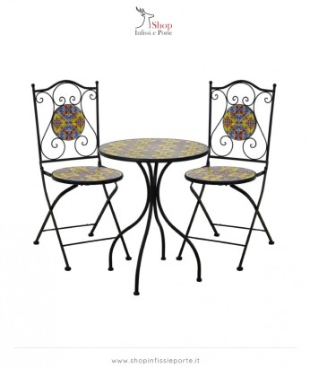 Tavolino circolare in acciaio e 2 sedie decorati con stampa