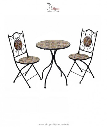 Tavolino circolare in acciaio e 2 sedie decorati con stampa