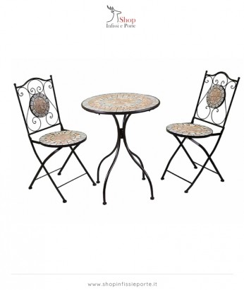 Tavolino circolare in acciaio e 2 sedie decorati con stampa