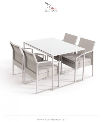 Tavolo rettangolare in acciaio con top in vetro e 4 poltrone in acciaio e polyrattan