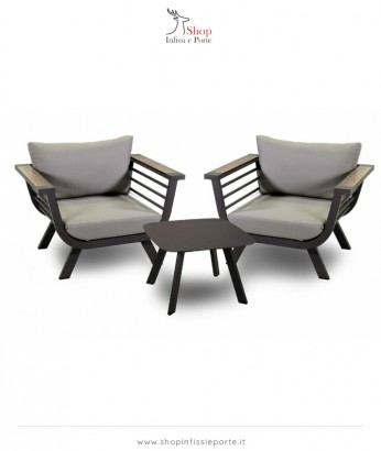 Salotto imbottito composto da 2 poltrone in alluminio con schienale basso e braccioli con inserti HPL e tavolino quadrato