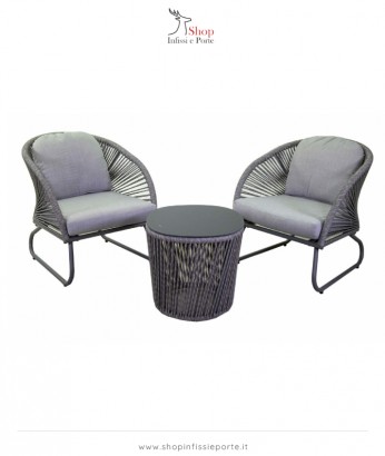 Salotto imbottito composto da 2 poltrone in alluminio e corda intrecciata in poliestere e tavolino tondo con piano in vetro