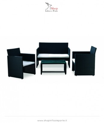 Salotto imbottito composto da divano 2 posti con 2 poltrone in acciaio rivestito in polyrattan e tavolino rettangolare con piano in vetro