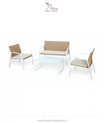 Salotto imbottito sulla seduta composto da divano 2 posti con 2 poltrone in acciaio e polyrattan e tavolino rettangolare con piano in vetro