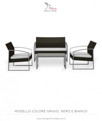 Salotto imbottito sulla seduta composto da divano 2 posti con 2 poltrone in acciaio e polyrattan e tavolino rettangolare con piano in vetro