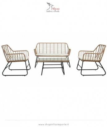 Salotto imbottito sulla seduta composto da divano 2 posti con 2 poltrone in acciaio e polyrattan e tavolino rettangolare con piano in vetro