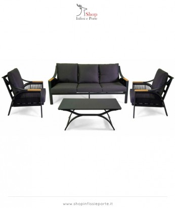 Salotto imbottito composto da divano 3 posti con 2 poltrone in alluminio e corda intrecciata e tavolino rettangolare con piano in vetro