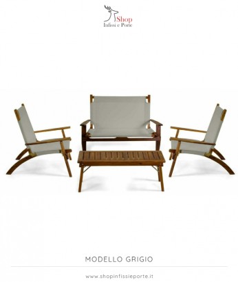 Salotto composto da divano 2 posti con 2 poltrone e tavolino in legno di acacia