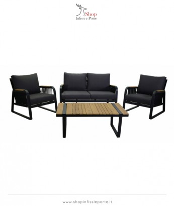 Salotto imbottito composto da divano 2 posti con 2 poltrone in alluminio con braccioli con riporti in teak e finiture in corda e tavolino rettangolare con piano in teak