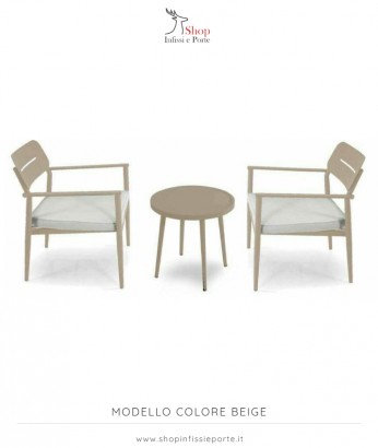 Salotto imbottito composto da 2 poltrone in alluminio con braccioli e tavolino tondo