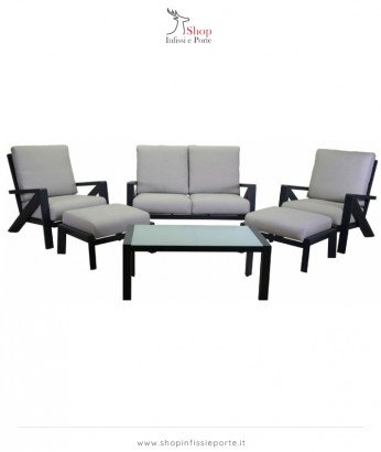 Salotto imbottito composto da divano 2 posti con 2 poltrone in alluminio con poggiapiedi e tavolino rettangolare con piano in vetroceramica
