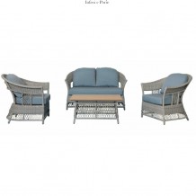 Salotto imbottito composto da divano 2 posti con 2 poltrone in alluminio rivestito in polyrattan e tavolino rettangolare con piano in polywood