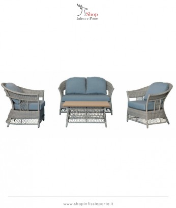 Salotto imbottito composto da divano 2 posti con 2 poltrone in alluminio rivestito in polyrattan e tavolino rettangolare con piano in polywood