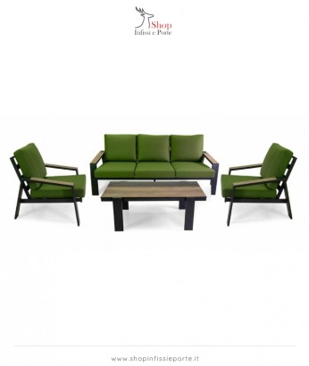 Salotto imbottito composto da divano 3 posti con 2 poltrone in alluminio con inserti HPL sui braccioli e sul tavolino rettangolare