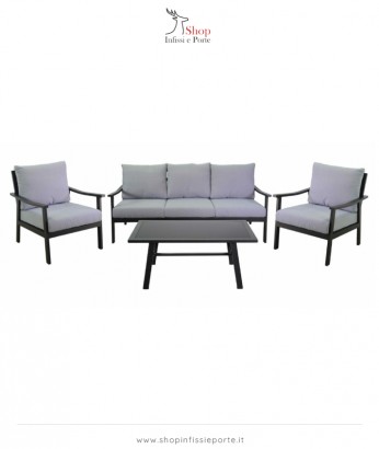 Salotto imbottito composto da divano 3 posti con 2 poltrone in alluminio e tavolino rettangolare con piano a contrasto in vetro