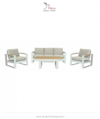 Salotto imbottito composto da divano 3 posti con 2 poltrone in alluminio e tavolino rettangolare con inserti in polywood