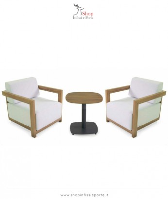 Salotto imbottito composto da 2 poltrone e 1 tavolino in alluminio effetto legno