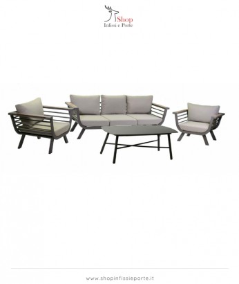 Salotto imbottito composto da divano 3 posti con 2 poltrone in alluminio con schienale basso e braccioli con inserti HPL e tavolino rettangolare