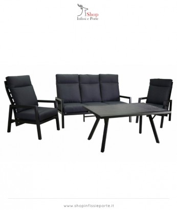 Salotto imbottito composto da divano 3 posti con 2 poltrone reclinabili in alluminio e tavolino con piano in vetroceramica