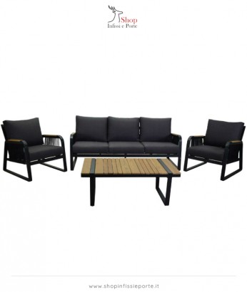 Salotto imbottito composto da divano 3 posti con 2 poltrone in alluminio con braccioli con riporti in teak e finiture in corda e tavolino rettangolare con piano in teak