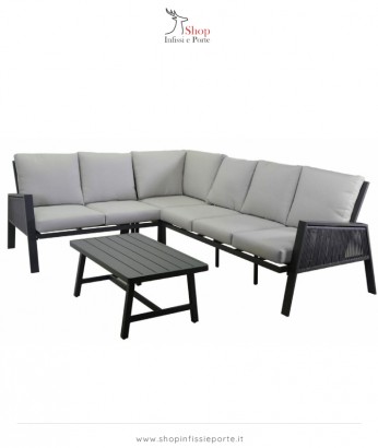 Salotto imbottito composto da divano angolare 3+2 posti in alluminio e tavolino rettangolare