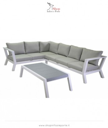 Salotto imbottito composto da divano angolare 3+2 posti in alluminio e tavolino rettangolare con colore a contrasto