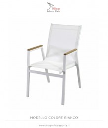 Poltrona in alluminio impilabile con braccioli con inserti polywood e seduta con schienale continuo in tessuto