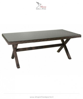 Tavolo rettangolare 200x100 cm 6 posti in alluminio rivestito in polyrattan e top in vetro temprato con gambe a X