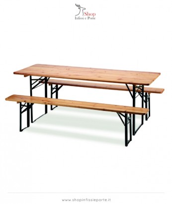 Tavolo rettangolare con 2 panche pieghevoli in ferro e legno 220x80 cm